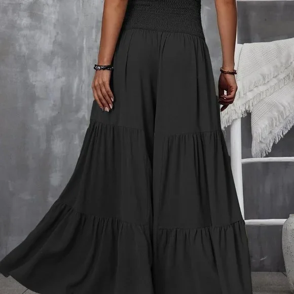 Shirred Waist Tie Front Ruffle Hem Wide Leg Pants black
